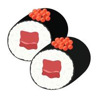 Sushi wrapped in black seaweed with fish roe topping vector