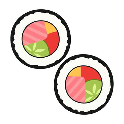 Circular sushi rolls with colorful vegetable and fish fillings