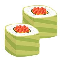 Sushi rolls with green layers and fish roe filling vector