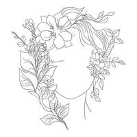 Floral Frame with Female Face Outline in Minimalist Style vector