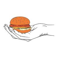 Hand Holding a Burger - Simple Food Outline with Color vector