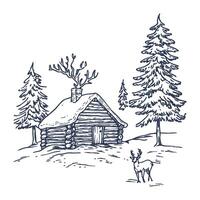 Rustic Winter Cabin in the Woods with Snowy Trees vector