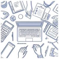 Freelance Work Setup - Top View of Organized Desk Outline vector