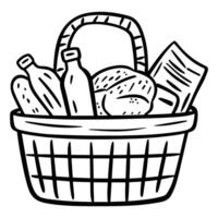 Grocery Basket with Food Items - Simple Market Outline Art vector