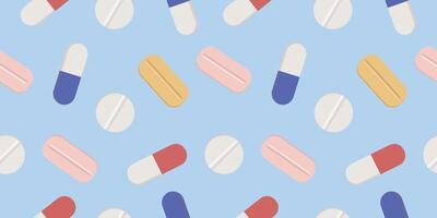 Seamless background with pills and capsules. Medical seamless pattern. Prescription drugs patterned design for print, card, brochure, wallpaper, web banner. vector