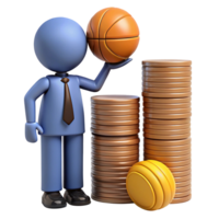 3D Businessman Holding Basketball Near Stacks of coins png