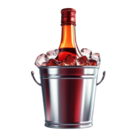 Hyperrealistic Metallic Ice Bucket with Red-Amber Liquor Bottle and Ice Cubes png