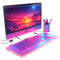 Computer Setup with Vibrant Landscape and Glowing Keyboard png