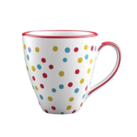 Ceramic mug with colorful polka dot pattern and red rim and handle png