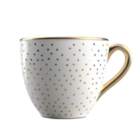 3D rendering of white ceramic cup with gold rim, handle, and gold dot pattern on transparent grid background png