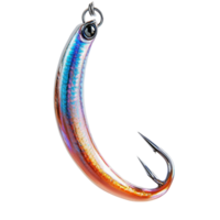 Fishing Hook with Iridescent Bait Hanging Against Transparent Background png