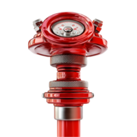 Close-Up of Red Fire Hydrant Nozzle with Gauge and Hose Connection png