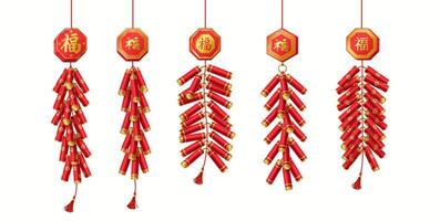 Festive Chinese firecrackers clusters with lucky pendants realistic color icons set. Asian festival explosive items 3d objects bundle on white. inscription on the badge is Luck vector