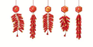 Ancient festive Chinese firecrackers with pendants realistic color icons set. Asian festival celebration attributes 3d objects bundle on white. inscription on the badge is Luck vector