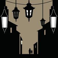 Romantic Evening Stroll Silhouette Cityscape with Hanging Lanterns vector