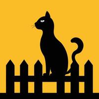 Black Cat Silhouette on Yellow Background, Sitting on Fence vector