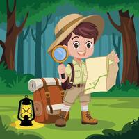 Happy Child Explorer in a Lush Forest with Map and Magnifying Glass vector