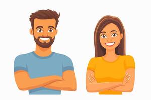 Smiling man and woman in bright t-shirts with crossed hands on a white background. vector