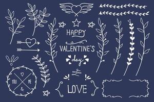 Valentine's day line art elements collection with love lettering and decorative frames on blue background vector