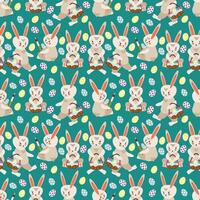 Easter bunnies with baskets of colorful eggs - seamless pattern vector