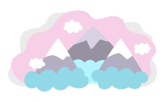 magic mountains landscape. Fairytale world concept with hills and clouds on pink background. Fantasy outdoor illustration. Cute fairy tale mystical scene vector