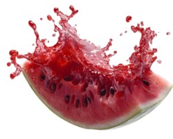 Dynamic Watermelon Splash A vibrant image of a juicy watermelon slice with red flesh and black seeds, suspended in mid-air, surrounded by a dynamic splash of its own juice. png
