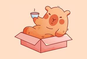 Kawaii cutie capybara sitting in box with cup of tea. vector