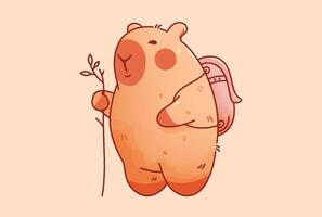 Kawaii cutie capybara traveler with stick and backpack. vector