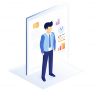 A businessman analyzing data and charts on a digital screen for strategic decisions. png