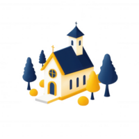A charming church surrounded by colorful trees, blending nature and architecture. png