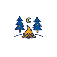 A cozy campfire scene at night, surrounded by serene trees and a glowing moon. png