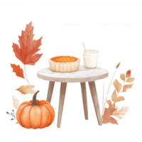 A cozy autumn scene with a pumpkin, pie, and warm drink on a rustic table. png