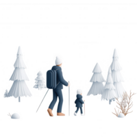 A parent and child hiking through a snowy forest with tall trees. png