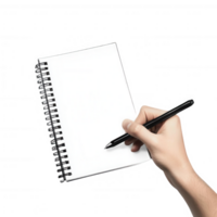 A hand holding a pen above a blank notebook, ready for notes or sketches. png
