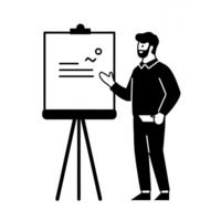 A professional man presenting ideas using a flip chart in a meeting. png