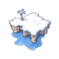A serene island scene with a lone palm tree, surrounded by icy water and snow. png