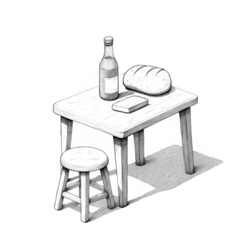 uma simples mesa configuração com pão, garrafa, e banco, capturando uma rústico vibe. png