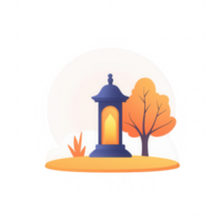 A stylized lantern surrounded by autumn trees, symbolizing warmth and tradition. png