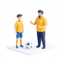 A soccer coach instructing a young player on the field during practice. png