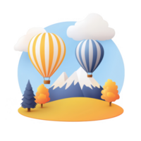 Colorful hot air balloons in a scenic landscape with mountains and trees. png