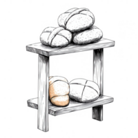 Artistic display of rustic bread loaves on a wooden shelf in a cozy kitchen setting. png