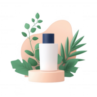 Minimalist cosmetic container surrounded by green leaves on a soft background. png