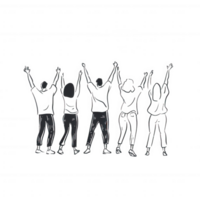 Group of diverse individuals celebrating together with raised arms in unity. png