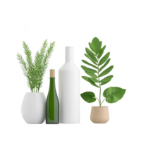 Elegant green plants arranged in modern pots with a stylish white bottle. png