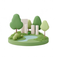 Stylized landscape with trees, water, and modern architecture in minimalistic design. png