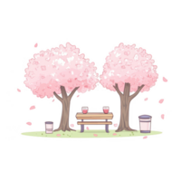 Serene scene with pink cherry blossom trees and a inviting bench for relaxation. png
