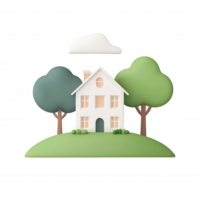 Stylish house surrounded by trees on a green hill with a few clouds in the sky. png