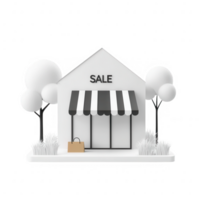 Stylish store front with a sale sign surrounded by trees and greenery in a minimalist design. png