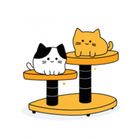 Two playful cats enjoying their time on a modern cat tree with colorful platforms. png
