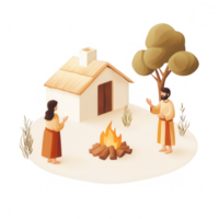 Two figures near a fire and house, representing community and tradition in a serene setting. png